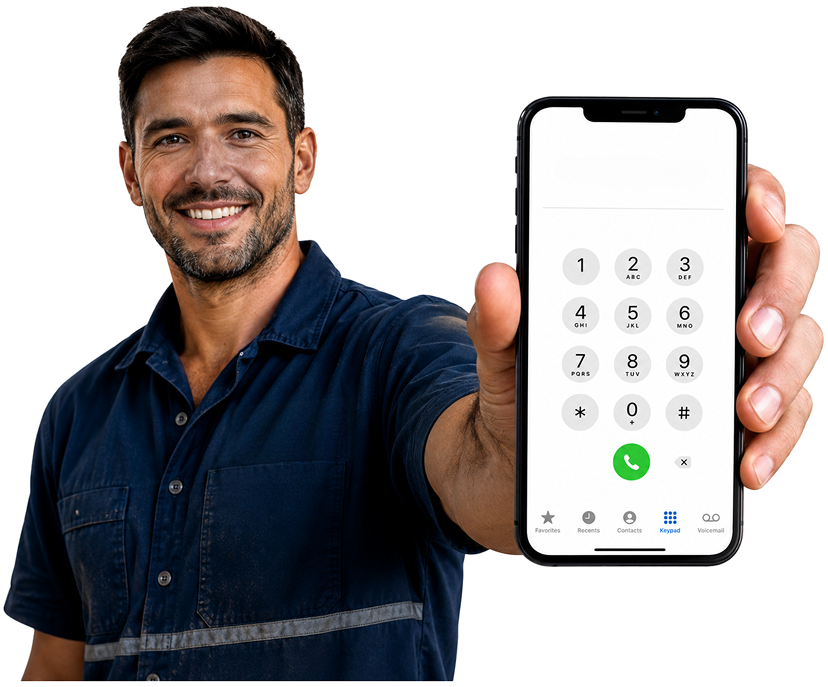 Haberfield Blocked Drains plumber holding a phone — call 1300 261 965