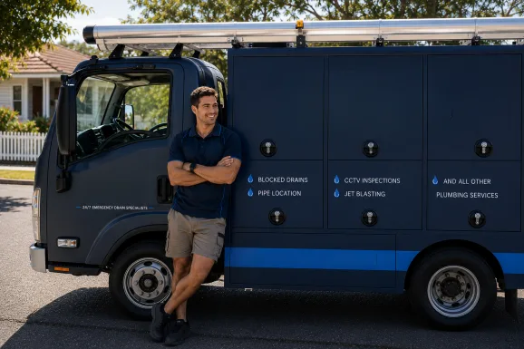 Service van and plumber at a Haberfield callout