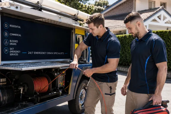 Two plumbers working on a blocked drain in Haberfield