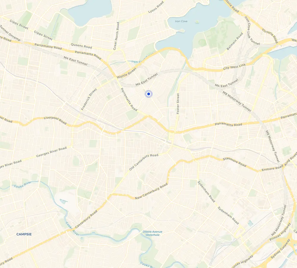 Map of the Haberfield service area and the surrounding Inner West, showing Haberfield and the nearby streets we cover.