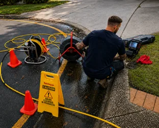 Plumber checking a blocked drain on a Haberfield job