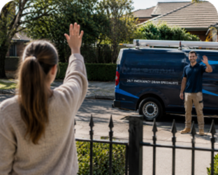 Customer waving goodbye to a Haberfield Blocked Drains plumber